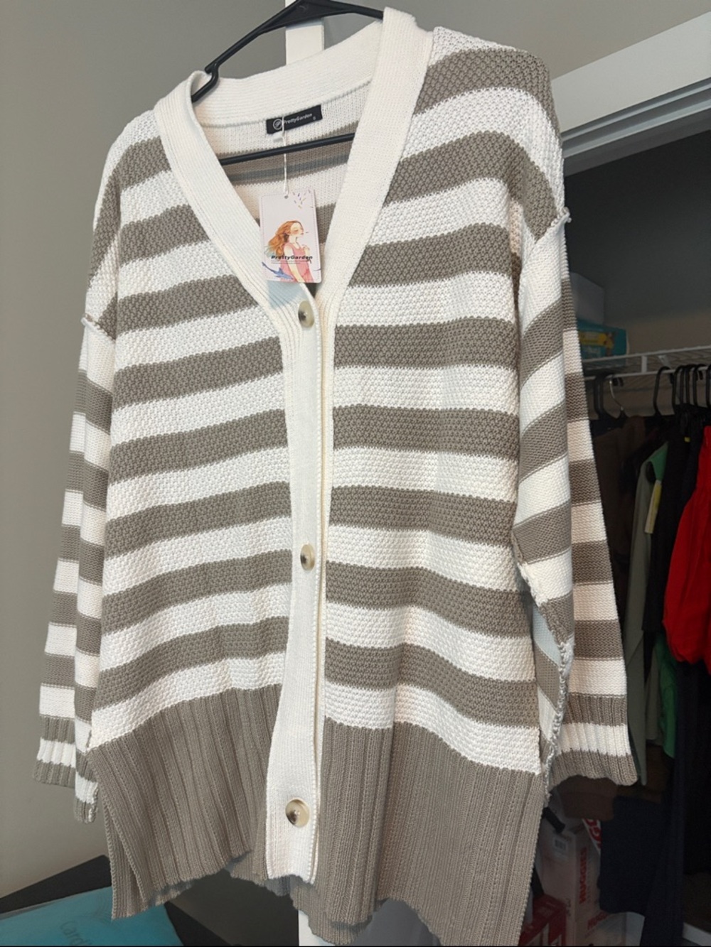 Oversized Striped V-Neck Button Cardigan - Taupe & Cream